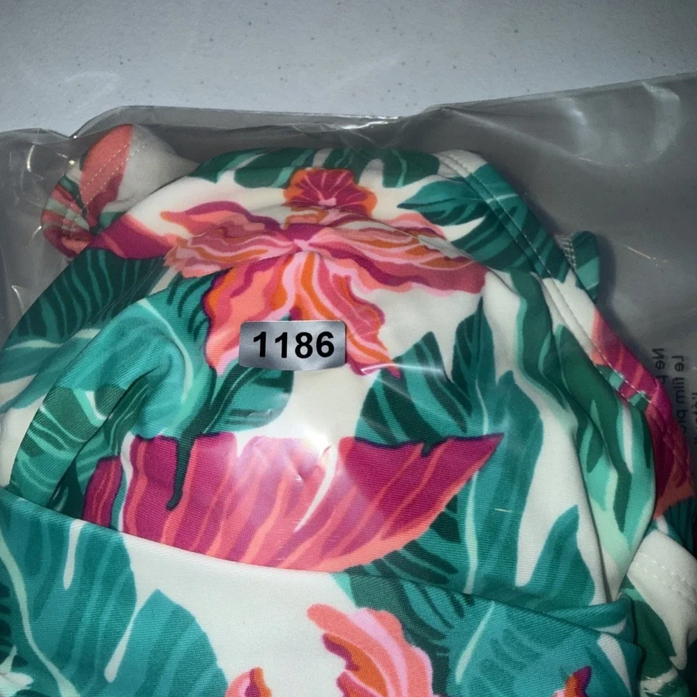 Kona Sol‎ Tropical Floral Palm Print One Piece Swimsuit Green Pink Small 4-6